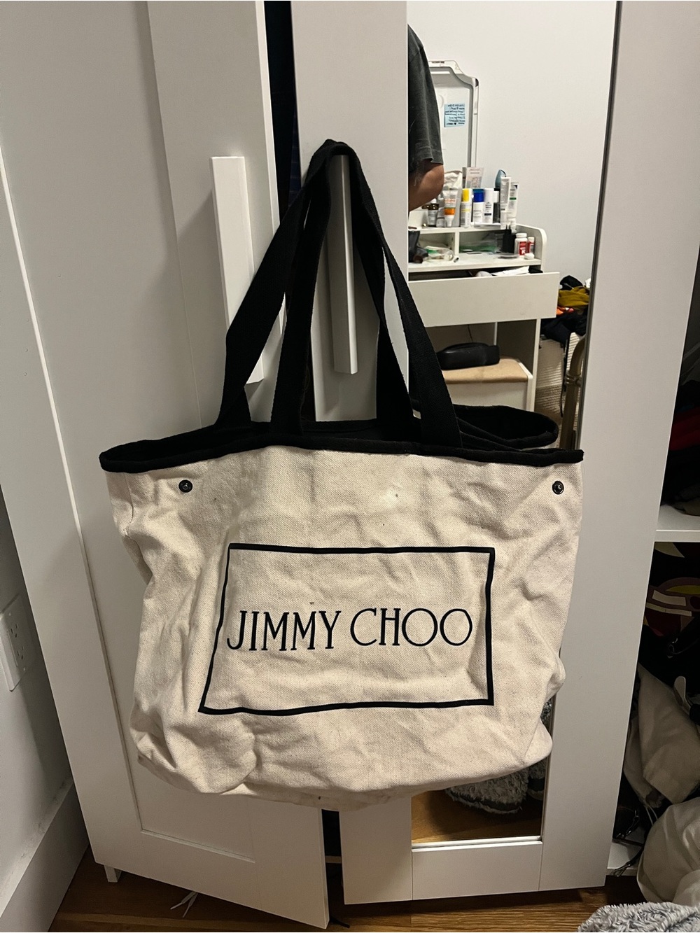 Jimmy Choo Cream Canvas Tote with Black Trim